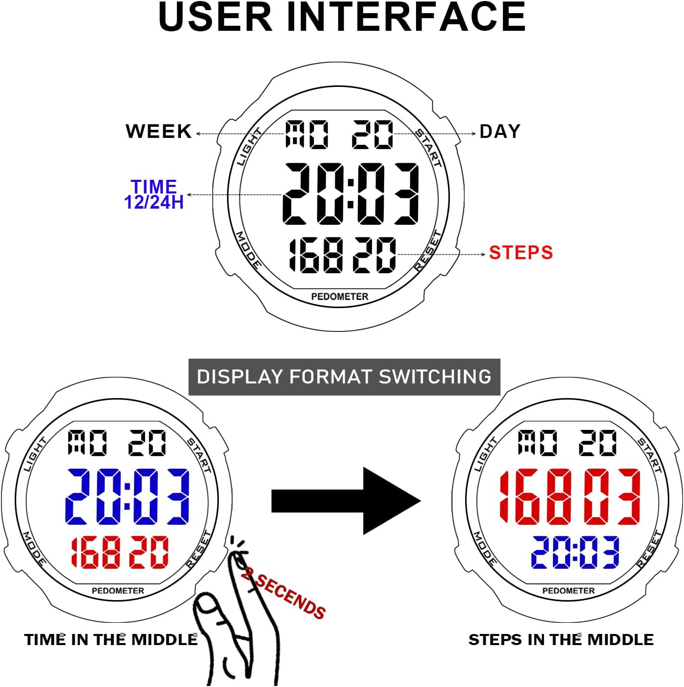 Mens Pedometer Watch for Walking Step Counter Watch No Charging, No App Connection, with EL Backlight. Simple, Practical Choice for Mobile-Free Fitness Enthusiasts -2308